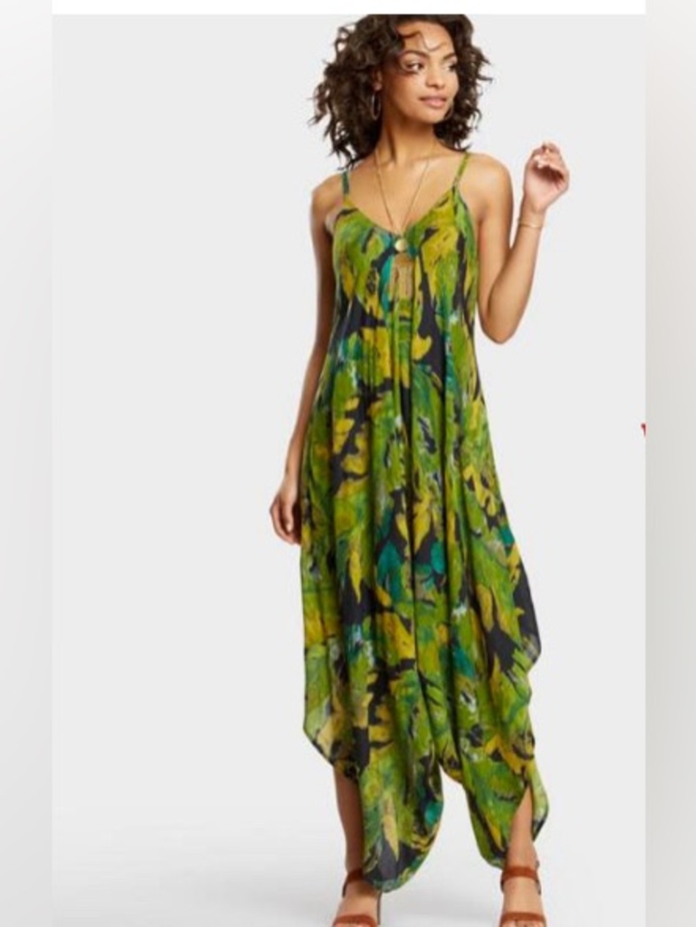 World Market leafy tropical loose flowy jumpsuit romper boho earthy granola l/xl